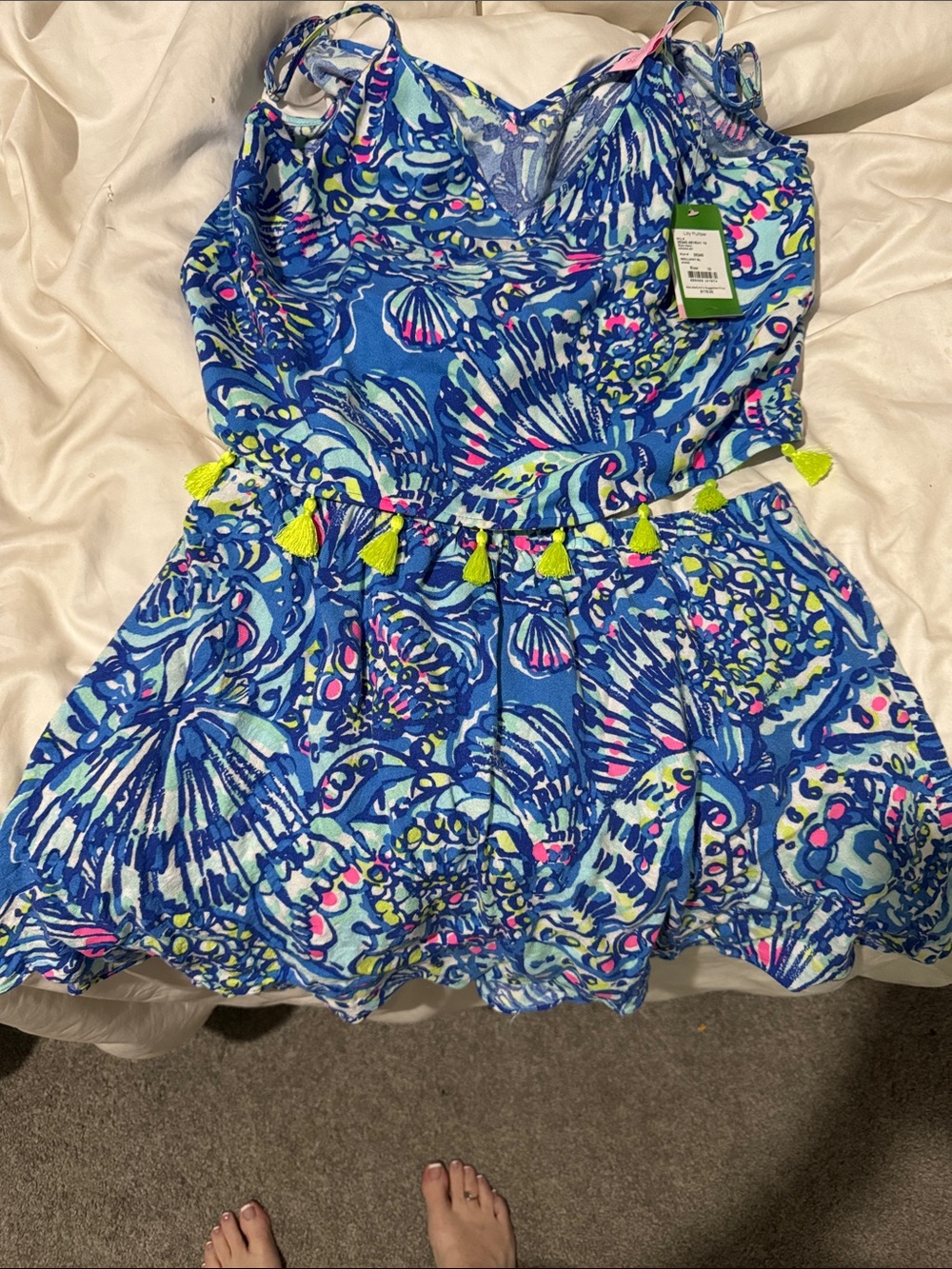 Lilly Pulitzer Blue Multi Seashell Print Shorts Coverup with Neon Tassels
